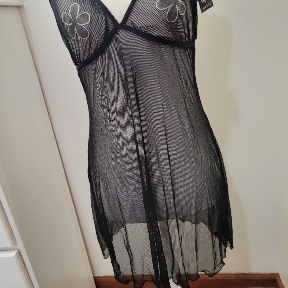 NWT Lady Princess Mesh See Through Slip Dress Floral Black Lagenlook Goth | Med - Picture 4 of 9